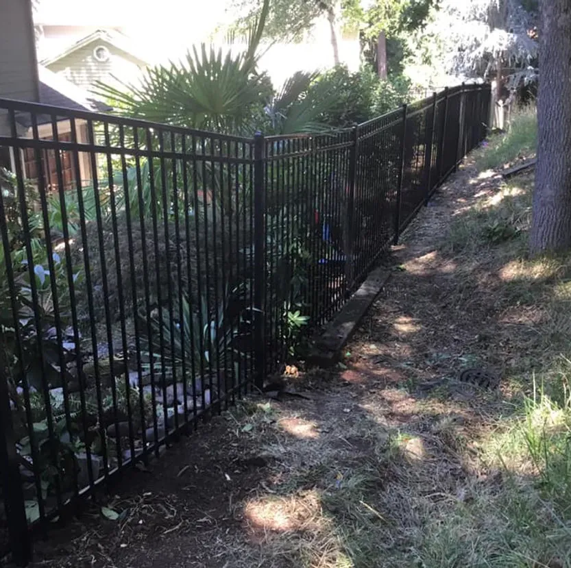 Black ornamental iron fence along residential property line in Eugene, Oregon
